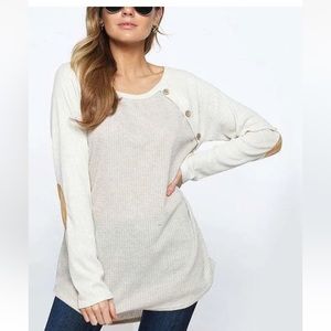 Zenana Waffle-Knit Button-Accent Scoop Neck Raglan Tunic White Size Small NWOT